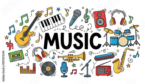 Vibrant music icons: instruments, notes, and sound elements