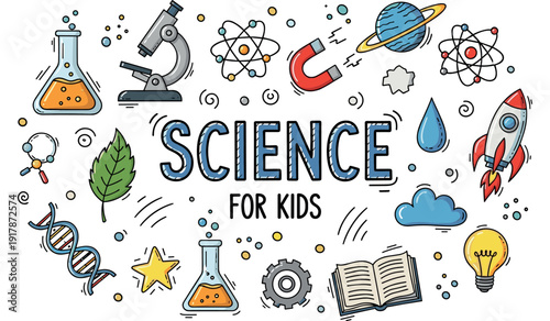Colorful science elements for kids: fun illustrations of tools and symbols