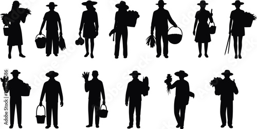 Farmer silhouettes set holding baskets, vegetables and farming tools, rural agriculture workers collection, harvest and countryside lifestyle concept, isolated black figures on white background.