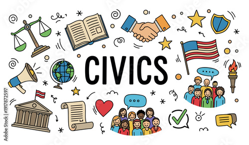 Civics concept with scales, book, handshake, flag, and diverse group illustrations