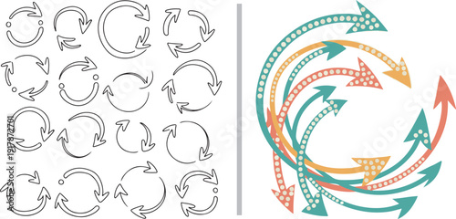 A collection of thin-line and stylized vector arrows featuring various circular, curved, and overlapping designs in both minimalist outlines and vibrant, dotted patterns.