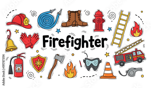 Firefighter equipment and symbols: helmet, hose, boots, hydrant, and fire truck