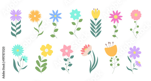 Set Cute Flowers with Simple Naive Shapes in Flat Style. Clip art of Abstract Flowers with Leaves and stems. Trendy modern floral elements for cards spring holidays Mother's Day Women's Day wedding.