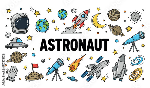 Colorful cartoon space exploration icons with rocket, planets, and telescope