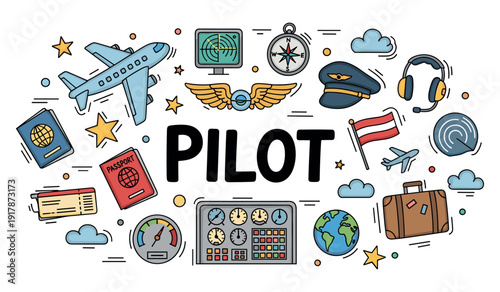 Pilot essentials: aviation symbols and travel icons in a colorful design