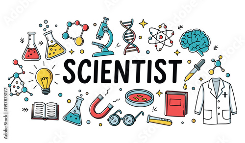 Colorful science elements with laboratory equipment and symbols