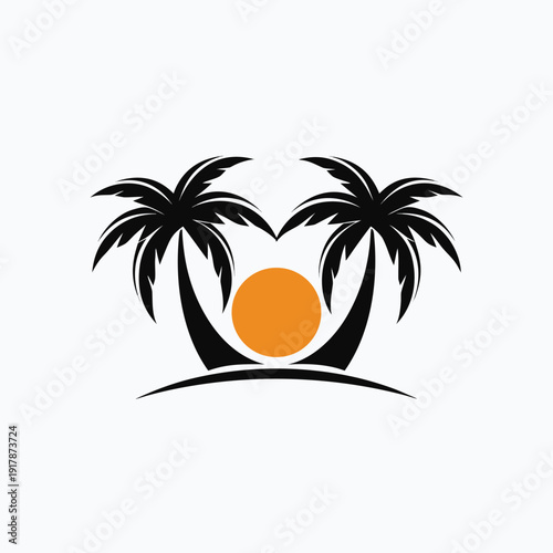Two black palm trees with orange sun and beach silhouette tropical