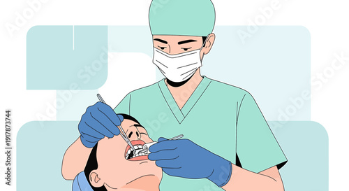 Dentist Examining Patient's Teeth with Tools, Dental Care Illustration
