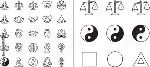 A comprehensive set of minimalist line icons focused on balance and spirituality, featuring yin-yang symbols, scales of justice, meditating figures, lotus flowers, and geometric shapes.
