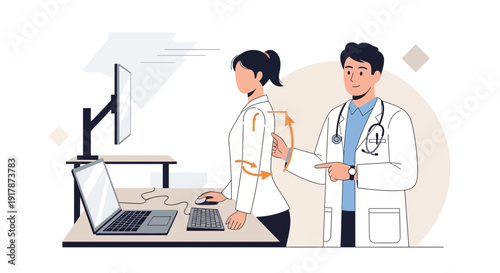 Doctor demonstrating correct posture for office worker at computer desk
