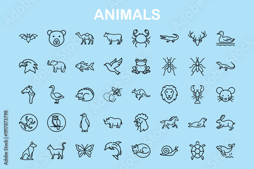 Comprehensive collection of 40 minimalist animal line icons featuring wildlife, pets, and marine creatures.