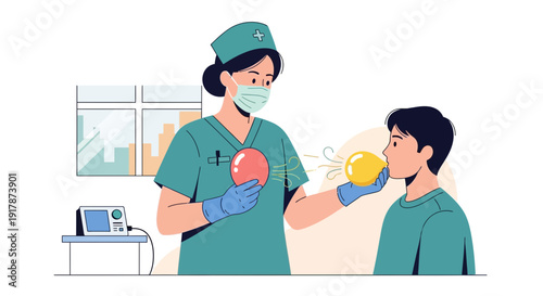 Nurse helps child practice breathing exercises with balloons for lung health