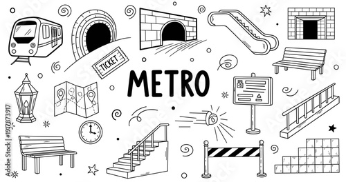 Hand-drawn metro elements: train, tunnel, escalator, and more with playful details