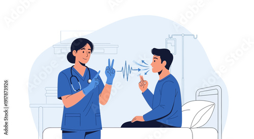 Nurse showing breathing exercise to patient in hospital bed