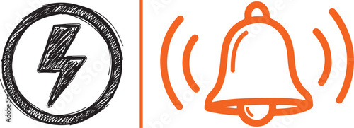 Hand-drawn style vector featuring a sketchy lightning bolt inside a circle and a vibrant orange ringing bell. A dynamic, minimalist duo conveying power alerts and urgent notifications.