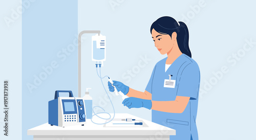 Nurse Preparing IV Drip Machine in Hospital Room - Medical Care Illustration