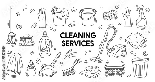 Cleaning services tools: brooms, buckets, vacuum, detergent, gloves