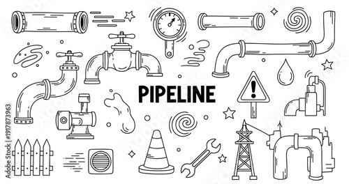 Pipeline components and flow elements in doodle style illustration