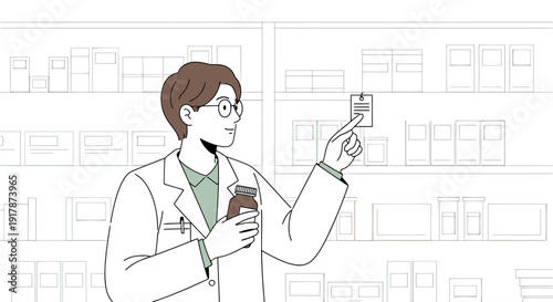 Pharmacist in lab coat points at shelf with medicine bottles, healthcare concept