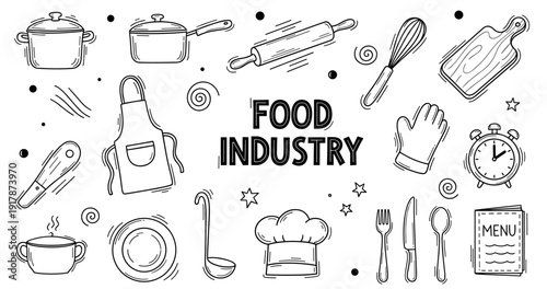 Hand-drawn culinary elements with cooking tools and food industry icons