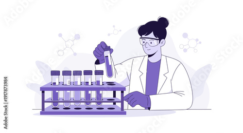 Scientist Conducting Experiment with Test Tubes and Molecules