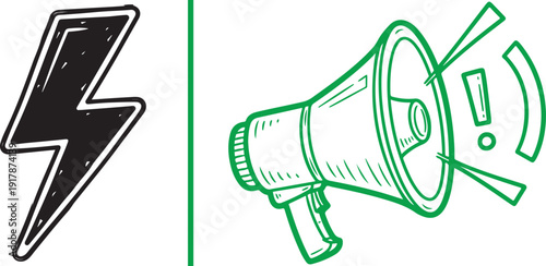 Hand-drawn vector featuring a solid black lightning bolt and a green megaphone icon with exclamation marks. A sketchy, high-energy design used for urgent alerts, power, and loud announcements.