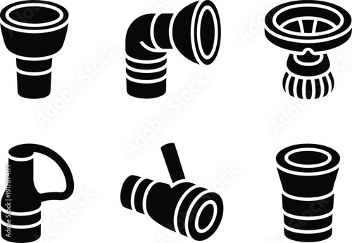 Plumbing Pipe Fittings and Fixtures Icons in Black Silhouette vector