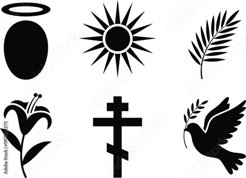 Six Black Silhouette Icons of Religious and Symbolic Elements on White Background religion