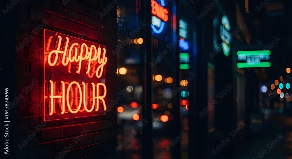 Fototapeta premium Neon Happy Hour sign glowing red in urban nightlife district with colorful bokeh lights and blurred city background creating atmospheric evening scene.