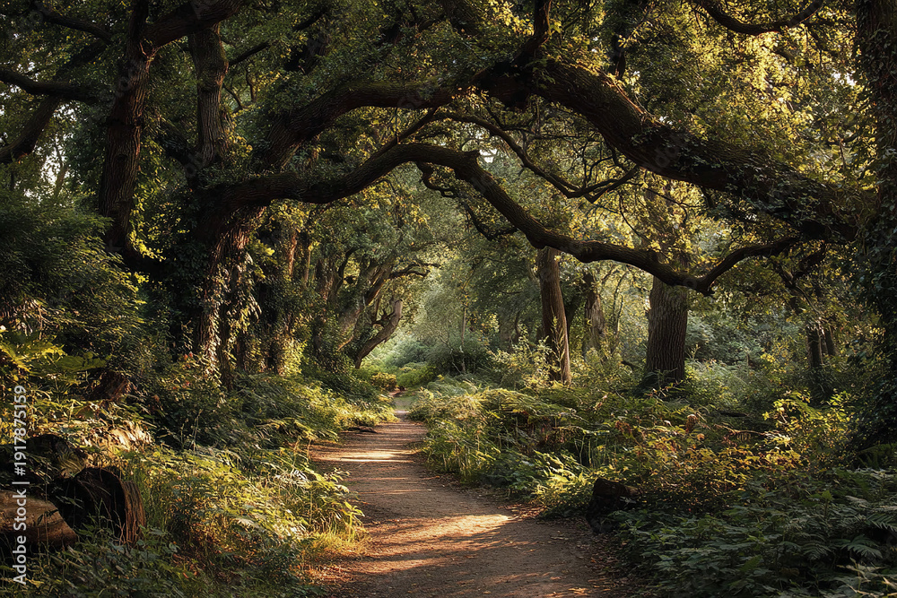 Obraz premium Peaceful woodland path winds through dense green forest under large curved tree branches with sunlight filtering softly, creating serene and inviting natural atmosphere