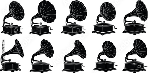 Black vintage gramophone silhouette icons set, antique record player equipment, classic retro phonograph shapes for music studio logo design, music,