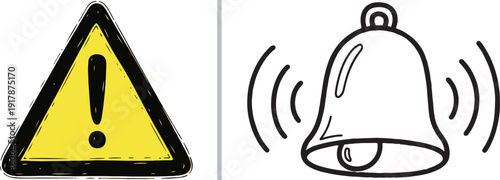 A simple vector illustration featuring a yellow warning triangle with an exclamation mark next to a ringing bell icon, symbolizing alerts, notifications, or alarms.