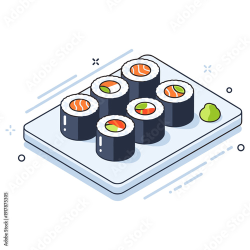 Illustrated sushi platter with assorted rolls and wasabi