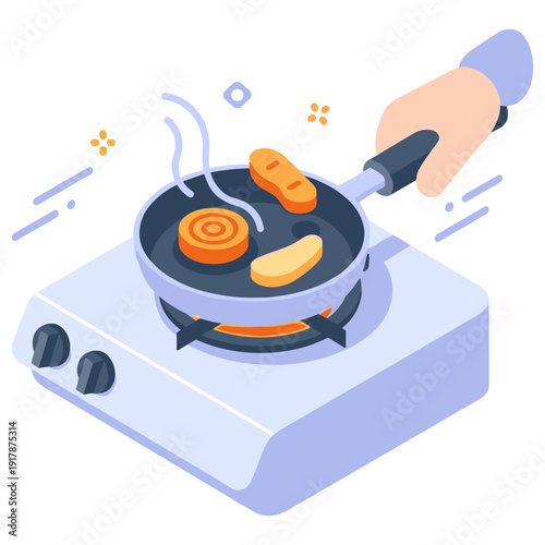 Cooking breakfast foods on a stove with male hand frying eggs and sausages