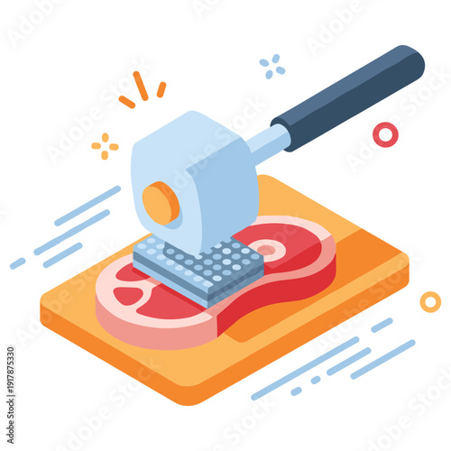 Isometric meat tenderizer and beef steak on cutting board
