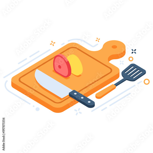 Colorful kitchen scene: cutting board with knife, sliced tomato, and spatula