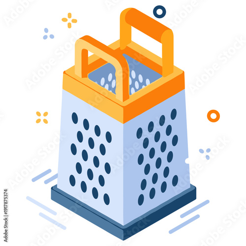 Colorful isometric cheese grater with orange handle and modern design
