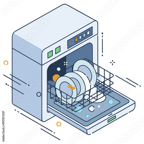 Modern dishwasher illustration with open door and clean dishes