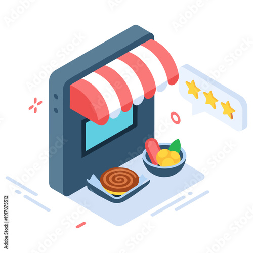 Isometric food delivery app icon with storefront and rating system