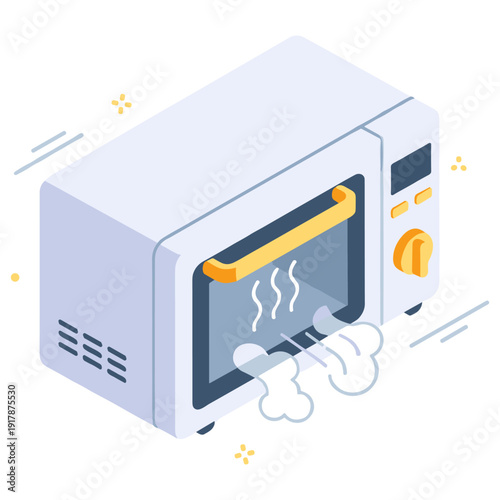 Isometric microwave illustration with steam and yellow handle