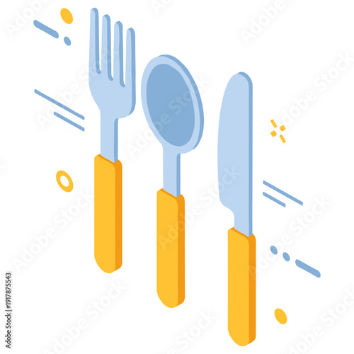 Isometric cutlery set: fork, spoon, and knife with yellow handles