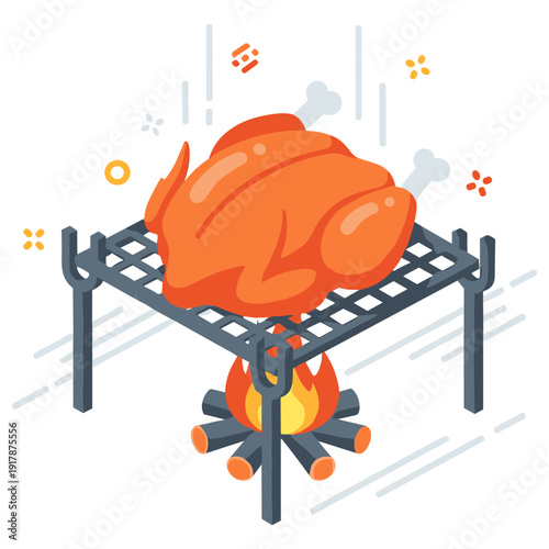 Isometric illustration of grilled chicken on outdoor fire pit