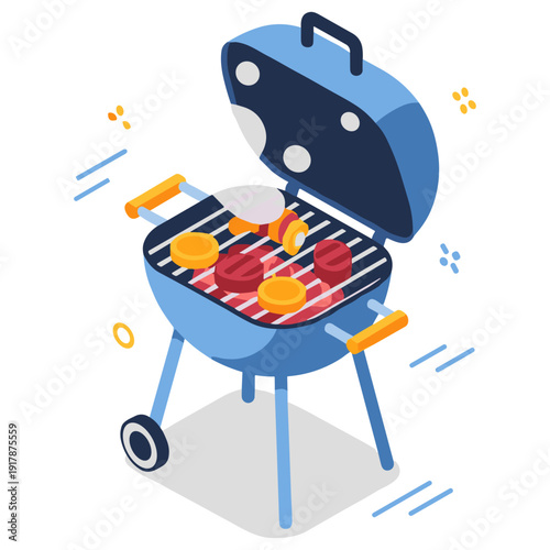 Isometric barbecue grill with smoked sausages and burgers – outdoor cooking illustration
