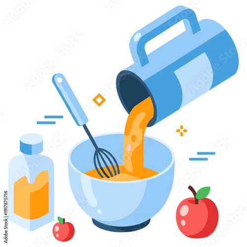Mixing ingredients for baking with utensils and fresh apples