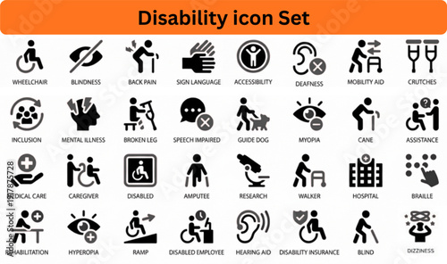 Disability icon set silhouette vector on white background 