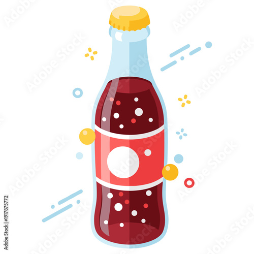 Cartoon soda bottle with bubbles and red label on white background
