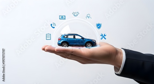 Hand holding a digital car icon surrounded by technology symbols