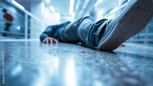 Person fallen on shiny floor in corridor representing slip-and-fall personal injury and hazard risk.
