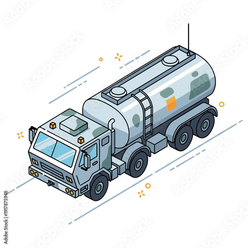 Isometric military fuel truck illustration in motion. No editable stroke