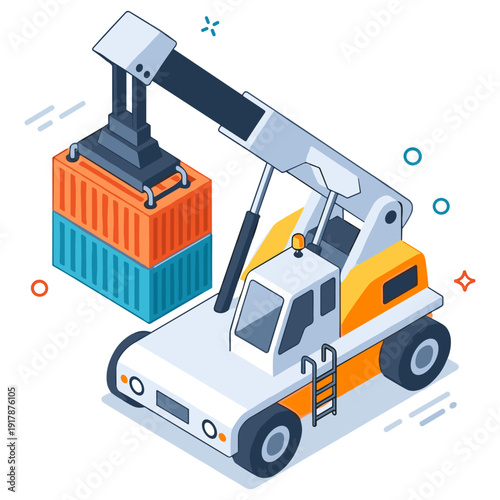 Cartoon crane lifting container in white background illustration. No editable stroke